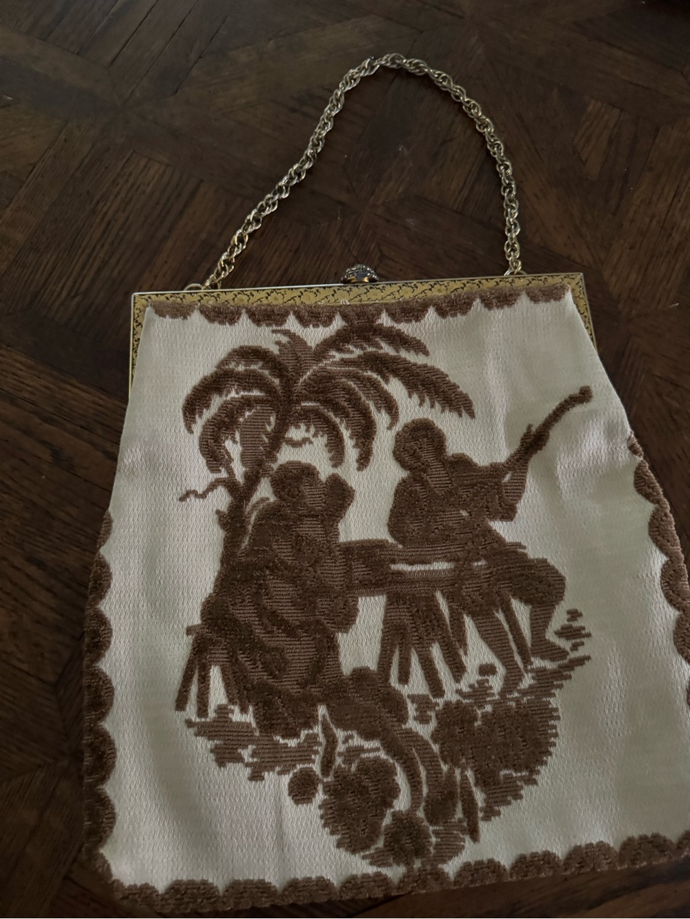 Vintage-Style Cream and Brown Embroidered Evening Bag with Chain 1950